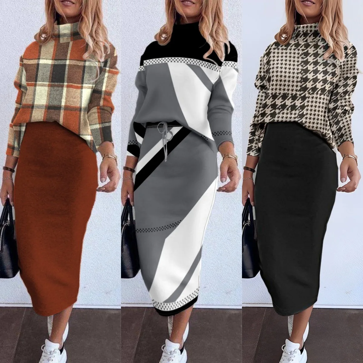 

Two piece set women's fashion Top+skirt set for autumn 2024 new long sleeve high necked and hip wrapped skirt for women clothing