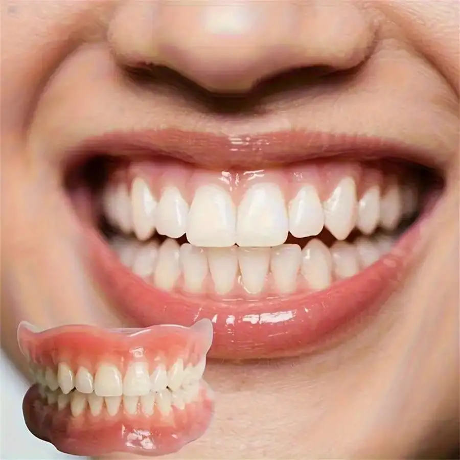 

White Comfortable And Adjustable Dentures, With Upper And Lower Teeth Paired With Perfect White Veneers, Create A Professional And Confident Smile For People Without Teeth, Decorating Men's And Women's Teeth