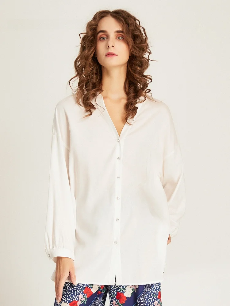 

Новая весенняя белая женская рубашка с длинным рукавом и V-образным вырезом, простой элегантный топ для офиса, свободный крой, с пуговицами, стандартная длина