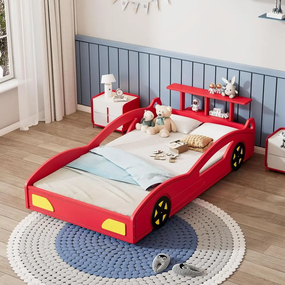 

Red Wooden Twin Size Kids Race Car Bed with Wheels and No Box Spring Required