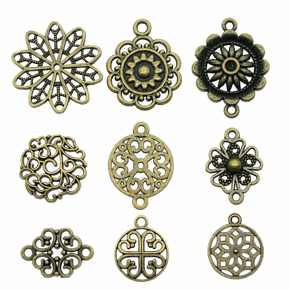 20 unids / lote adorno de encantos de color bronce antiguo adorno colgante de encantos de flores conector para fabricación de joyas