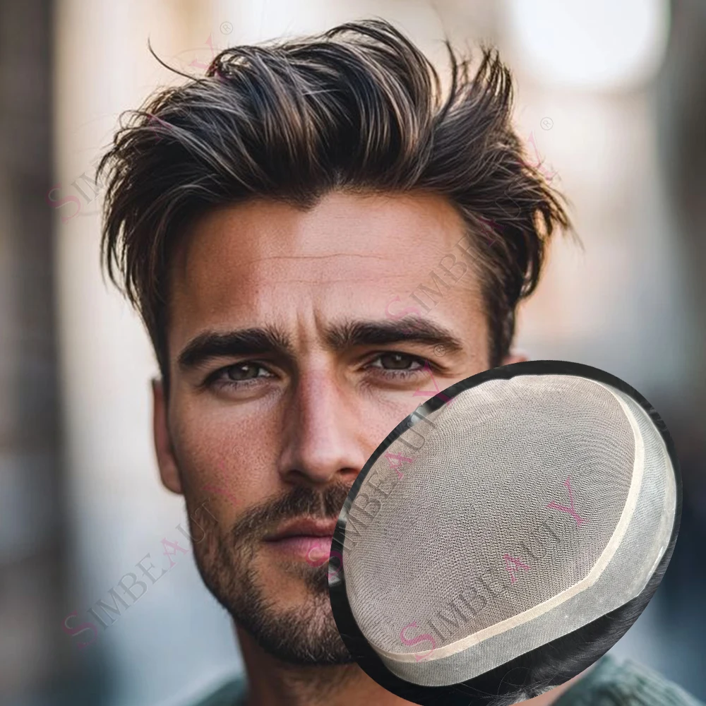 European Brown Human Hair Cheapest Male Toupee for Baldness Capillary Prosthesis Mono&PU Hair Patch Natural Hairline Man's Wigs