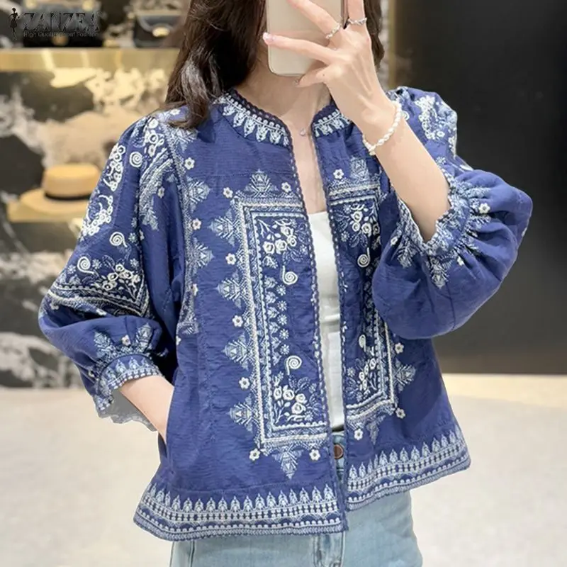 

ZANZEA Bohemian Ethnic Print Women's Cardigans Vintage O-Neck Lantrrn Sleeve Open-Front Cardigan Tops Summer Woman Clothes 3XL