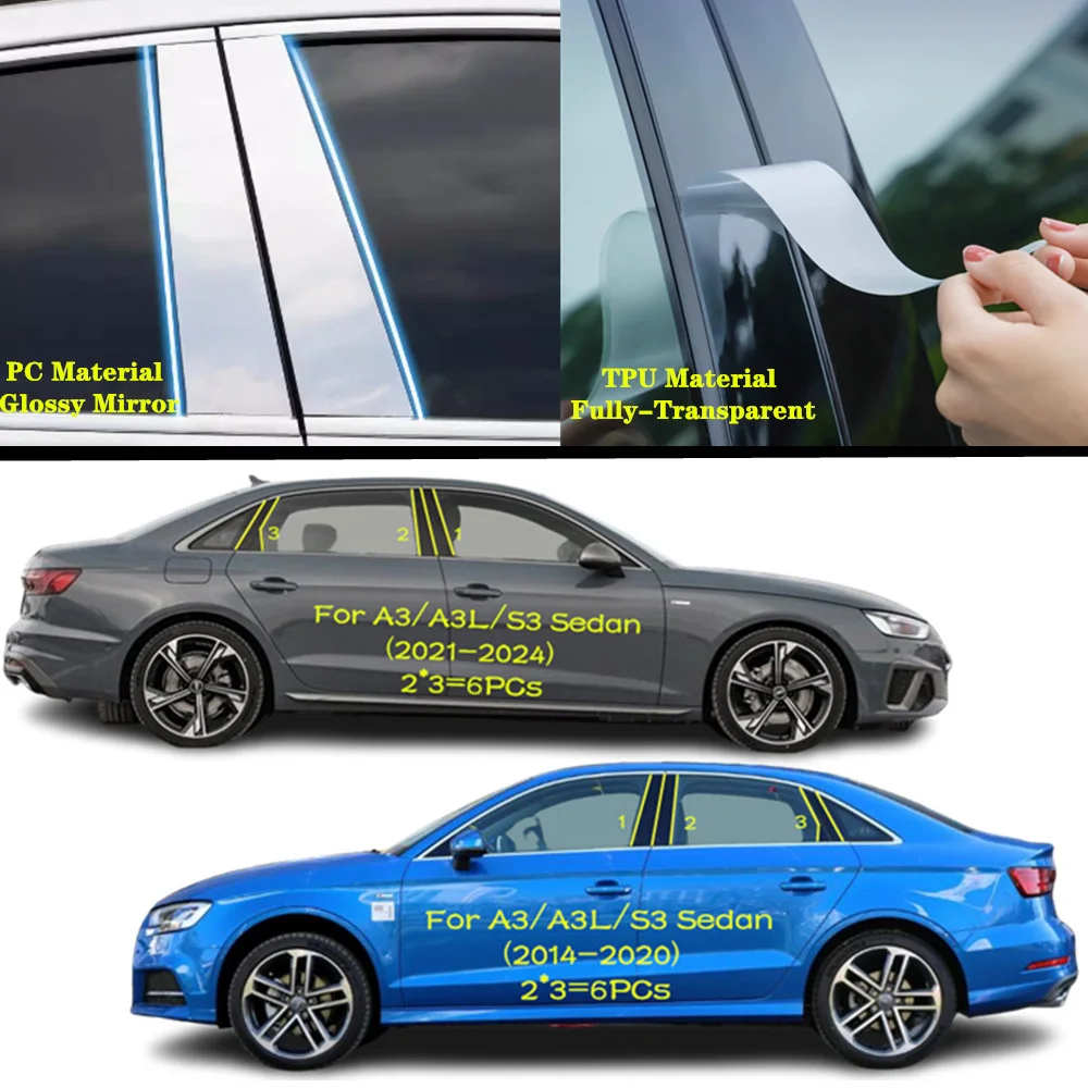 For Audi A3 A3L S3 2014 2015 2016 2017-2024 Car TPU/Glossy Mirror Pillar Post Cover Door Trim Window Molding Sticker Accessories