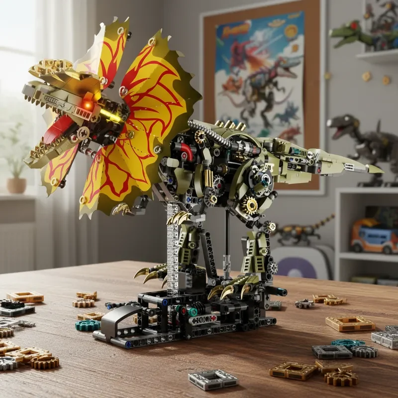 

Механический дилофозавр, 1277 шт., строительные блоки, модель связи динозавра, светильник, домашний декор, орнамент, животное Юрского периода, подарок