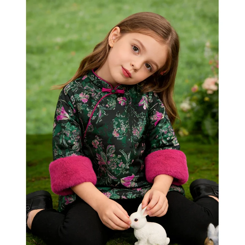 

Girls' Green Embroidered Button Flower High-End Princess Dress