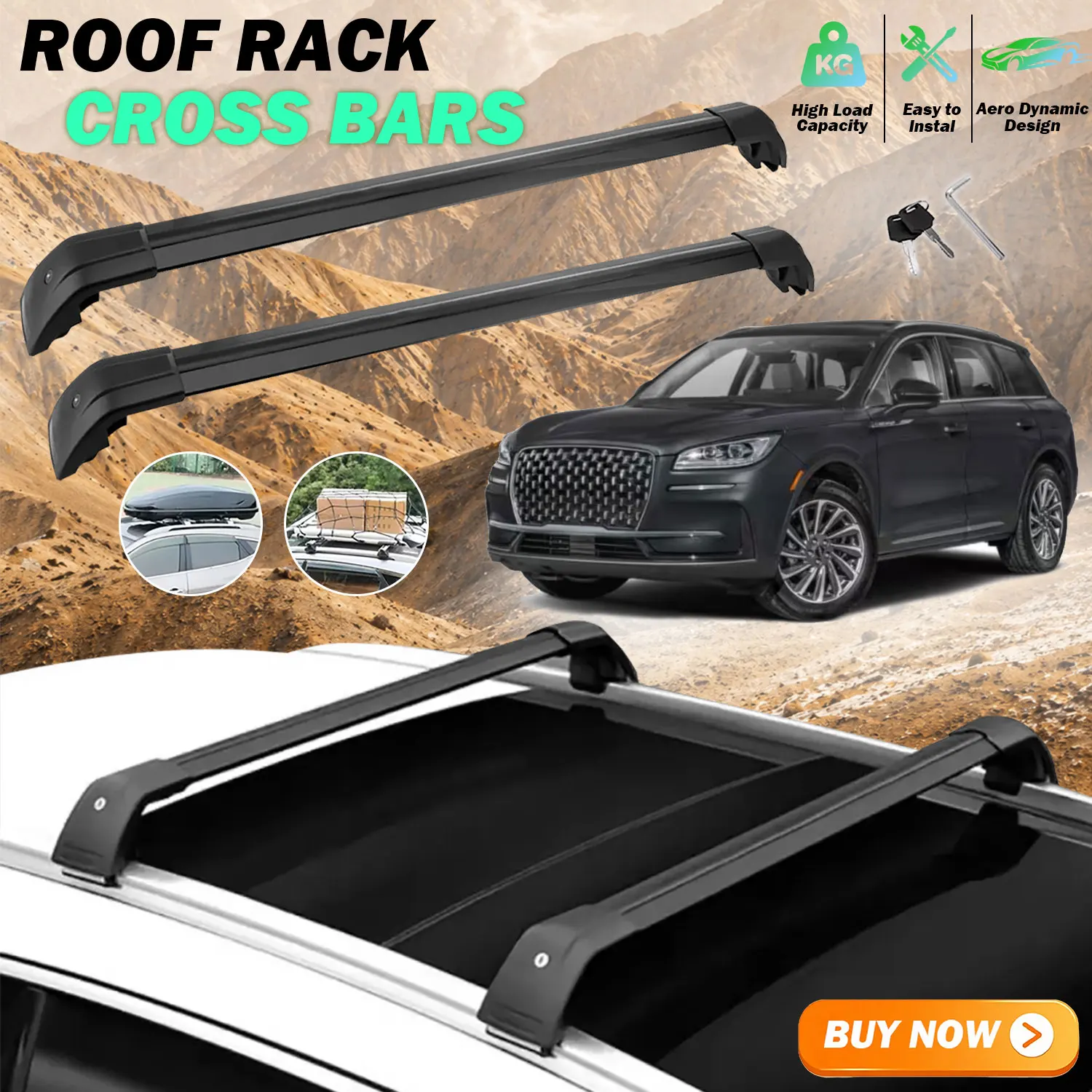 Roof Rack Cross Bars for Lincoln Corsair 2019-2023 Aluminum Lockable Luggage Carrier Rails Black Heavy Duty