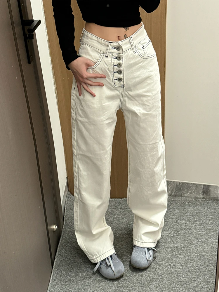 

American High Street Design Multi-Row Button Denim Jeans Women Loose Straight Leg Floor-Length Pants Vintage Sle