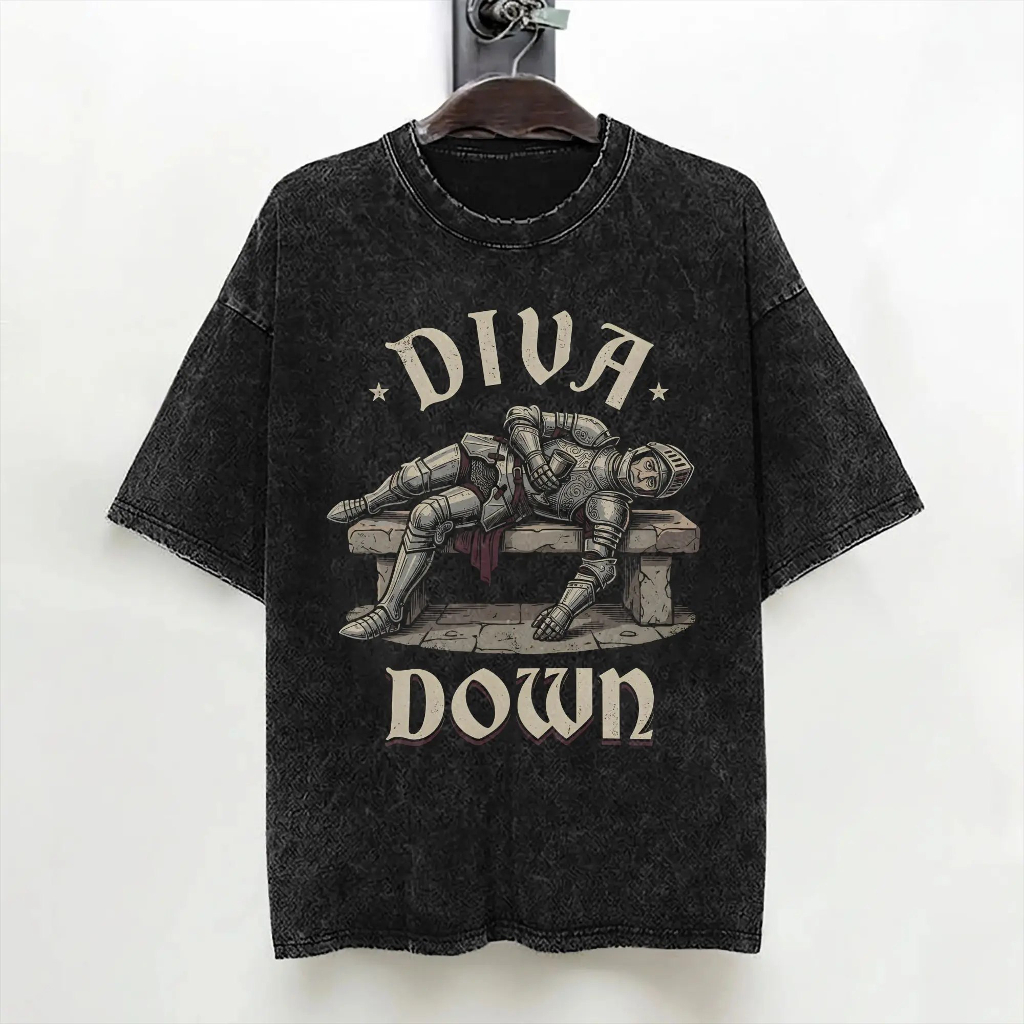 Diva Down Tired Medieval Knight Funny T Shirt Hip Hop Washed Short Sleeve Oversize T-Shirts  for Men Women Tops Streetwear Tees