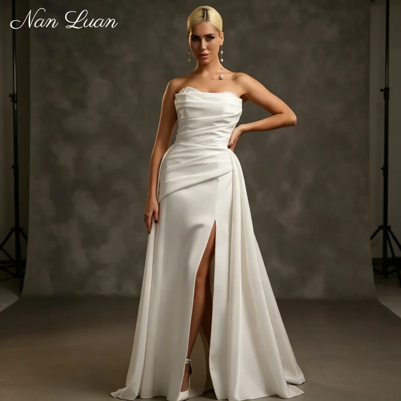 26 Registry Elopement Satin Wedding Dress Detachable Fold Over Sleeve High Thigh Slit Vestidos de Novia Customized
