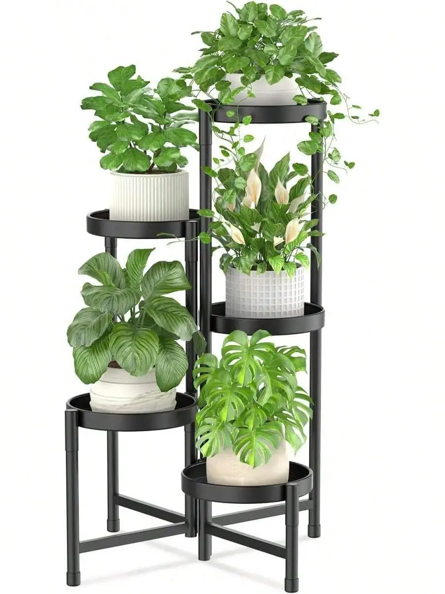 Plant Stand Indoor Outdoor, 5 Tier Metal Flower Display Holder Shelf, Folding Tall Orchid Rack For Patio Balcony Porch Garden Li