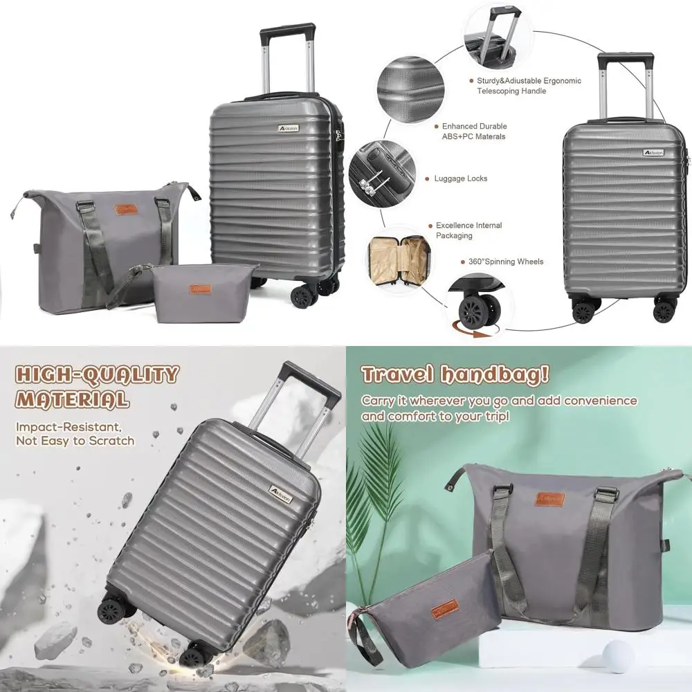 مجموعة أمتعة مكونة من 3 قطع من مجموعة أمتعة ABS ذات عجلات دوارة صلبة وحقيبة حمل مع حقيبة عطلة نهاية الأسبوع وحقيبة أدوات الزينة (رمادي)