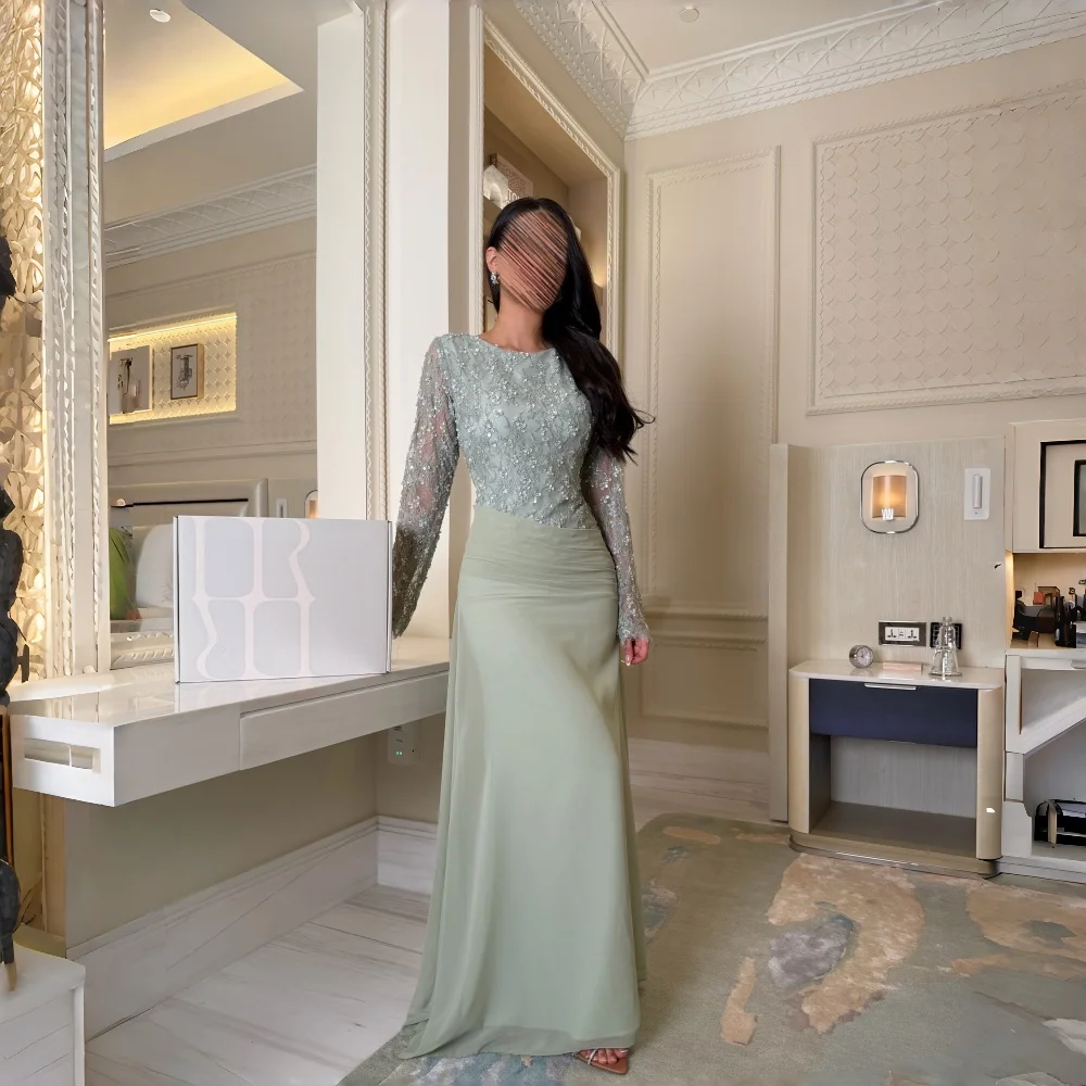 Customized Mermaid Chiffon Evening Dresses Lace Round Neck Long Sleeves Sequins Floor Length Arabic Dubai Elegant Formal Gowns