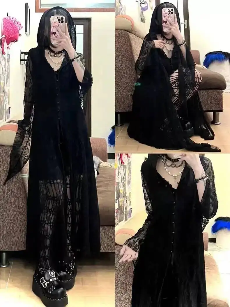 

Irregular Dracula's Dark Gothic Style Large Water Sleeves Witch Hat Lace Dress With Front Opening Button V-neck Hooded Dress