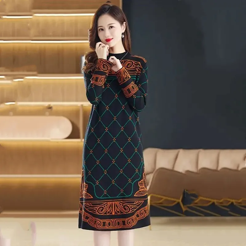 Women Vintage Print Patchwork Oversize Knit Dress 2024 New Autumn Winter Clothes Half High Collar Knee-length Female Sweater