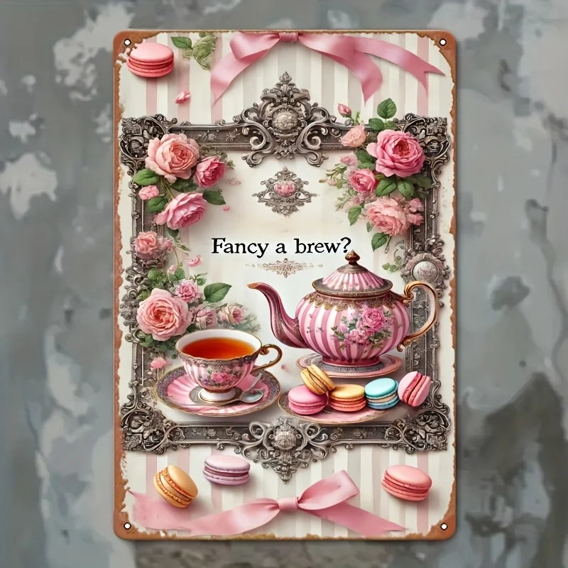 Vintage Metal Tin Wall Art - Pink Rose and Tea Party Scene with 
