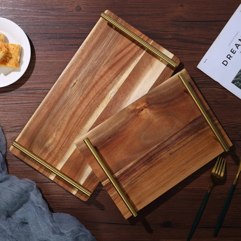 

Acacia Wooden Tray with Brass Handle, Rectangular Decoration, Sushi Cake Tea Set, Household Ins Wind Plate