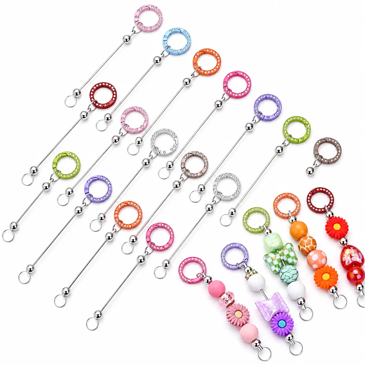 12 Stück DIY Perlen-Schlüsselanhänger-Stäbe mit Strass-Rundkarabinerverschlüssen Metallstab für Schlüsselanhänger und Schmuckherstellung Bastelzubehör – Detail 5