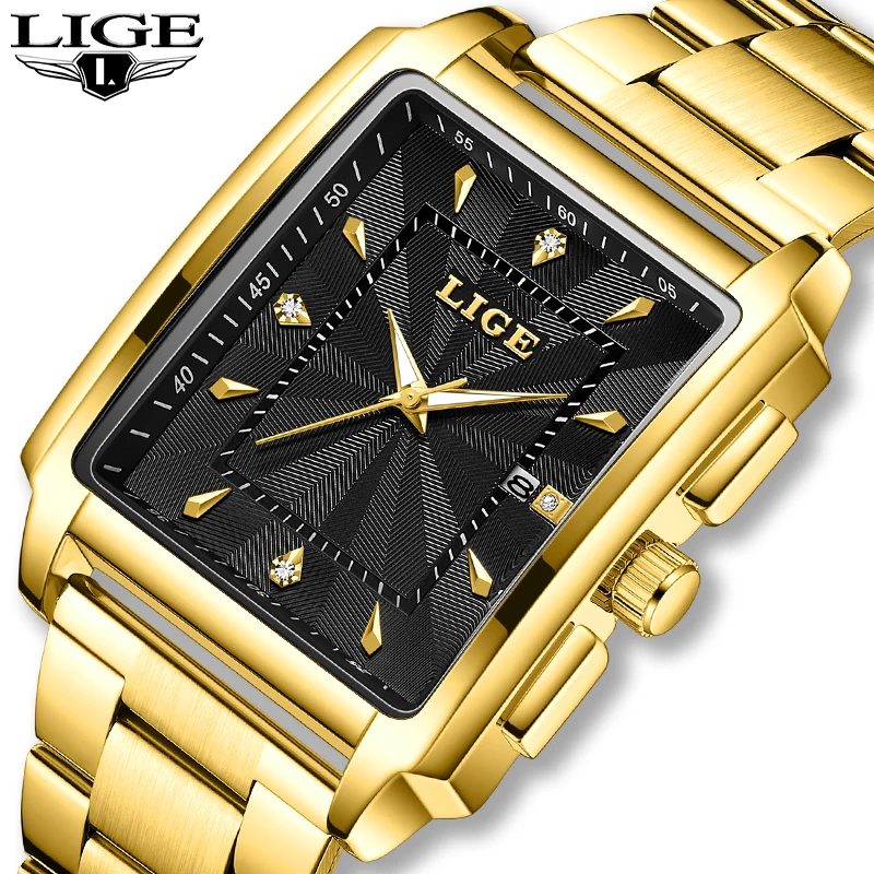 2024LIGE Top Brand Luxury Watches for Men Fashion Quartz Wristwatch Square Gold Stainless Steel Business Clock Relogio Masculino