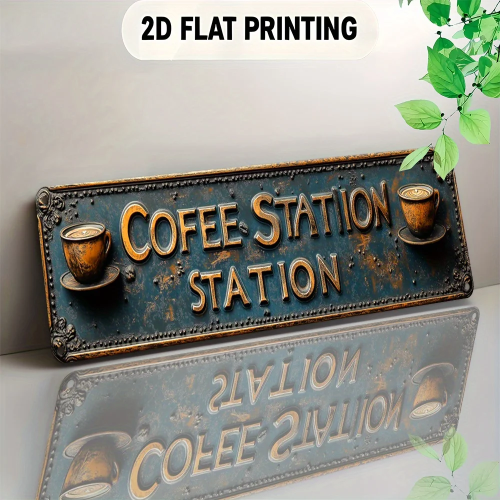 Vintage Kaffee-Station 2D Flachdruck Aluminiumschild - Rustikales Blau mit Goldenen Kaffeetassen, Ideal für Zuhause, Café, Veranda
