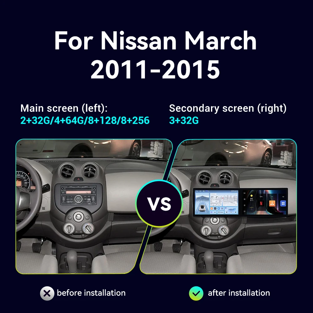 For Nissan March 2011~2015 Qualcomm Android Carplay Dual Screen Car Radio Stereo Automotive Multimedia Player GPS Navi Head Unit