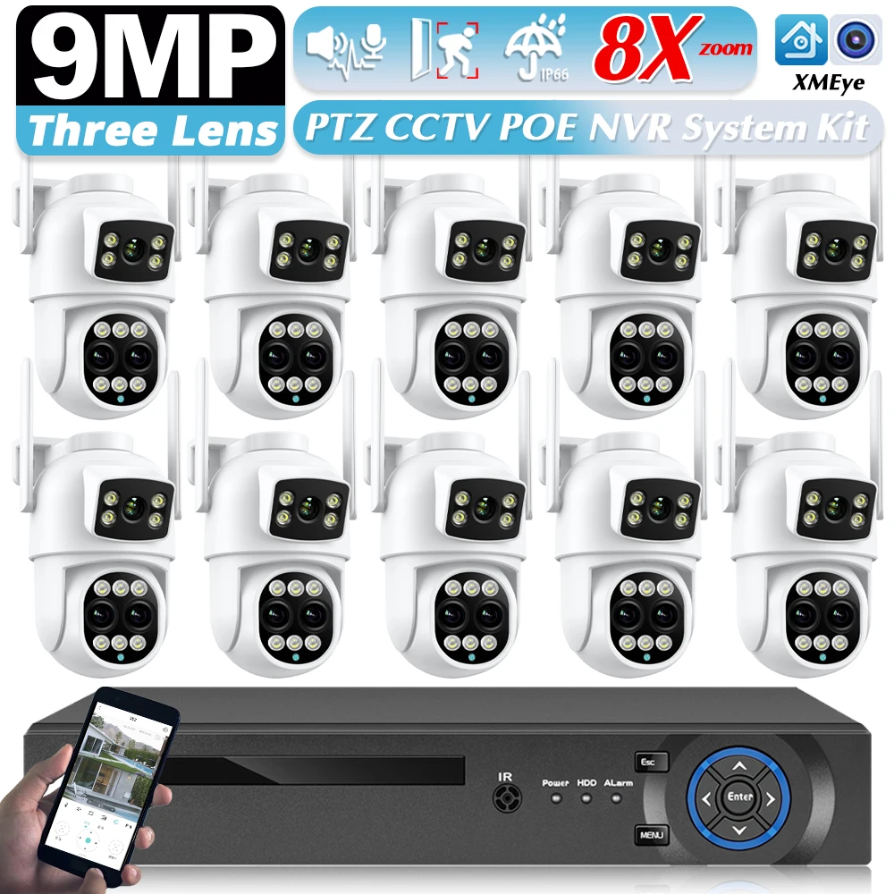 

Умная система видеонаблюдения 10CH XMEye 4K POE NVR Kit H.265+ Трехобъектив 9MP WIFI Камеры 8-кратный зум PTZ Беспроводная система видеонаблюдения