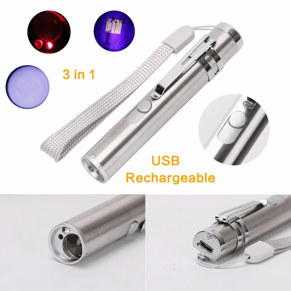

LED UV Flashlight/Red Laser/Moon Instruction Light Cash Check Emergency Lamp USB Rechargeable Torch Penlight Built-in AA Battery
