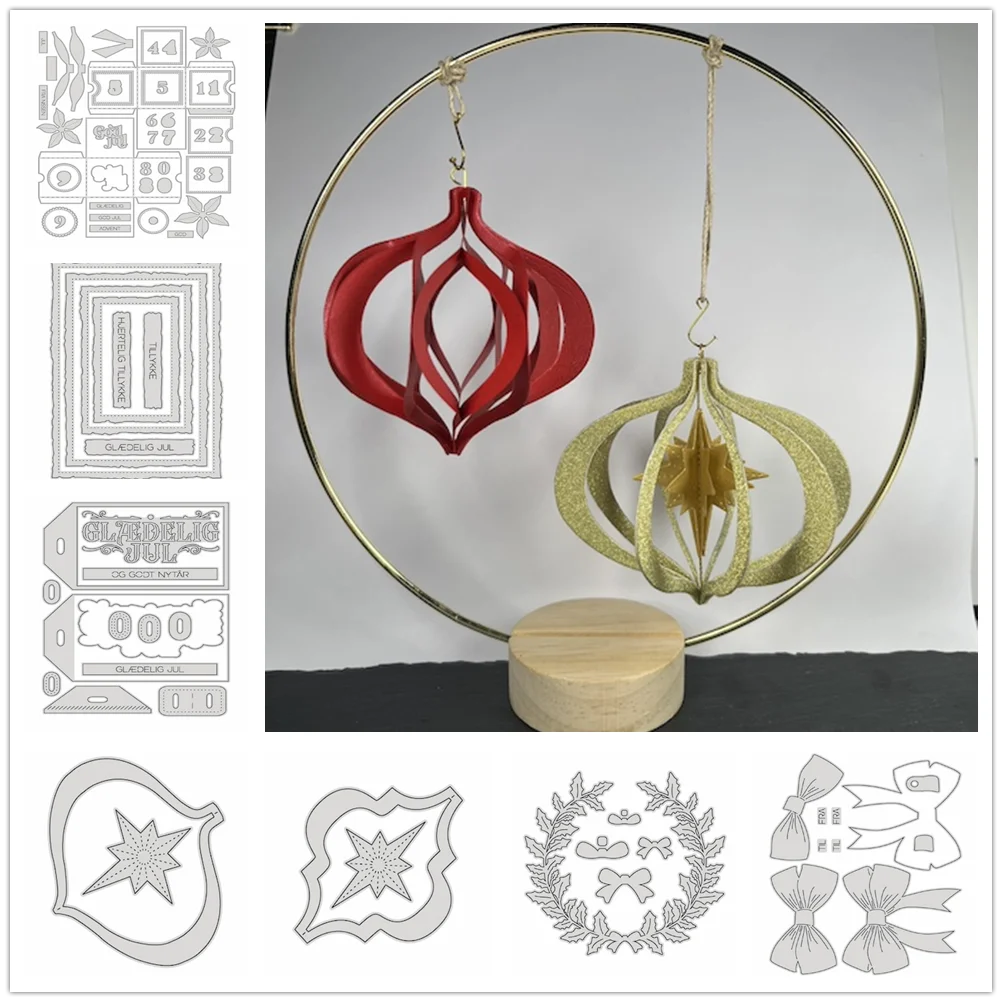 

3D Calendar Box Christmas Bow Holly Wreath Ball Cutting Dies for New 2024 Scrapbooking Paper Making Frame Card Craft Supplies