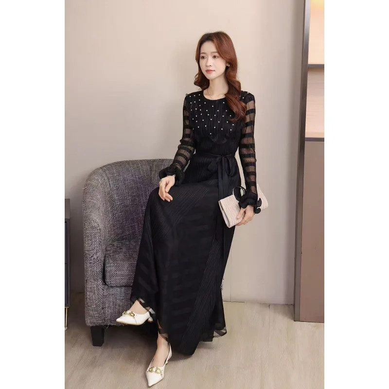 레트로 우드 비즈 벨트 캐주얼 디자인 플리츠 드 하이 웨이스트 플로잉 벨벳 A라인 스커트 롱 스커트 봄