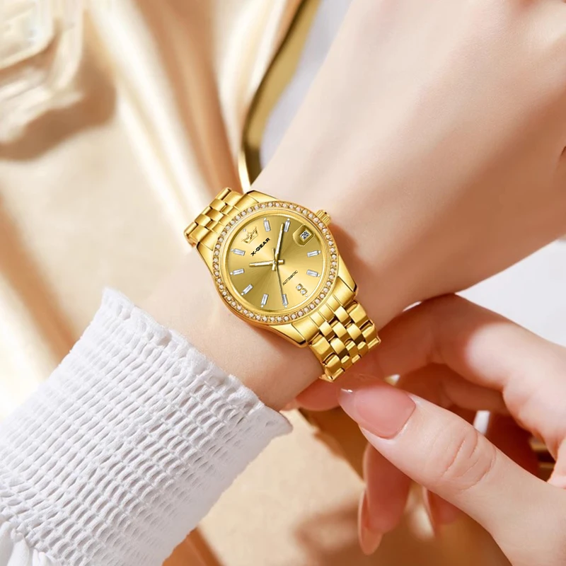 Women's Back Skeleton Automatic Mechanical with Luminous Sparkling Zirconia Diamonds Glamour Watch