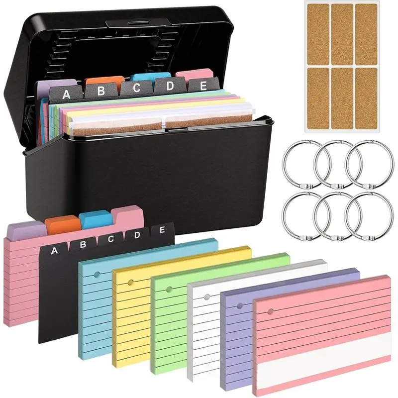 DT37 Index Card Box Set 400 Cards 12.5 X 7.5Cm Including 5 Tabs 6 Loose Leaf Rings 6 Stickers Flashcards