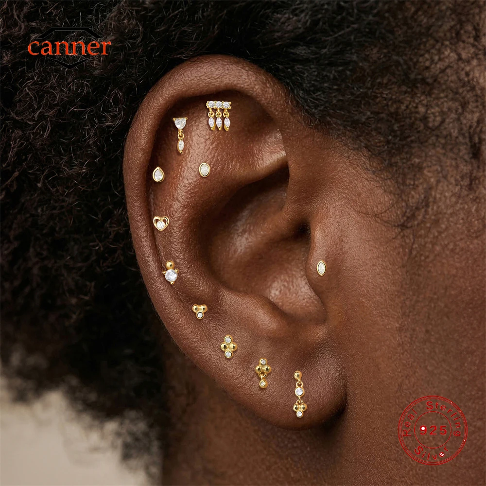 CANNER 1 Stück 925 Sterling Silber Mini-Kugel Geometrischer Zirkon Flachkopf Spiral-Piercing-Ohrring für Damen, 18K Vergoldet