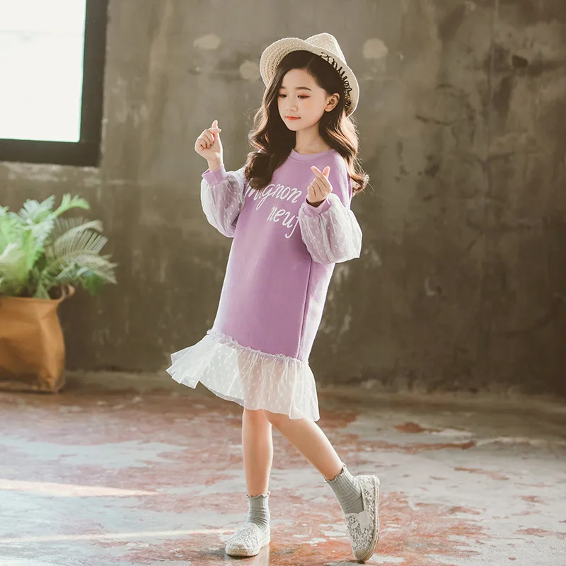 2024 autumn Teenager girls clothes maidenly dress cotton children long sleeve polka dot mesh letter dresses 8 9 11 12 13 year