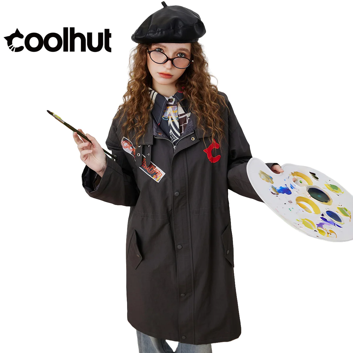 COOLHUT 여성용 2025 아메리칸 칼리지 스타일 트렌치 코트 중간 길이 루즈핏 레터 포켓 더블 지퍼 캐주얼 가을 자켓