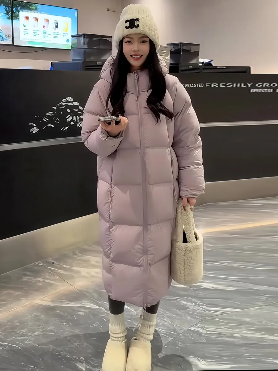 

Korean Sle Women's Long Hooded White Du down Jaet Thi Warm Outerwear Winter Coat Pear ape Fit Straight Cut Design