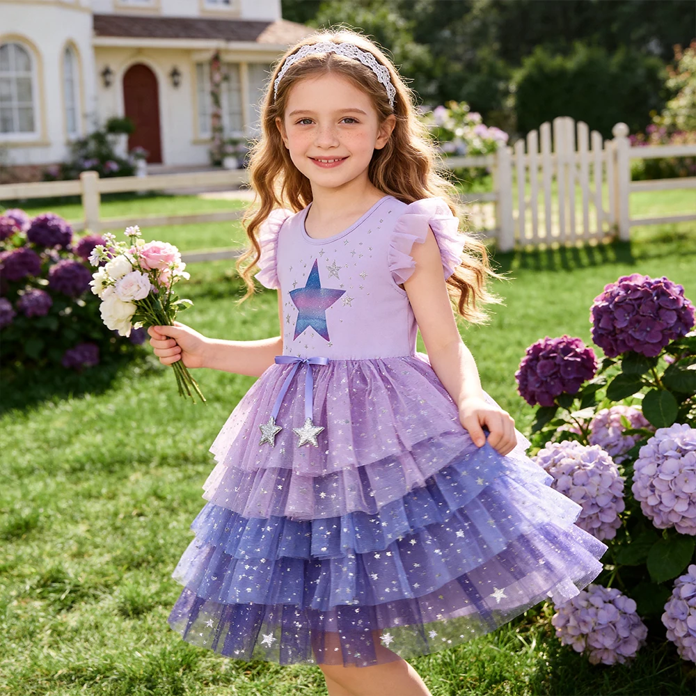VIKITA Kleinkinder-Kleid mit glitzerndem Sternenmuster, Kinderkleid, lavendellila, Ombre-Tüll, Netzstoff, Rüschenärmel, Sommer, lässig, Party, Prinzessinnenkleid – Detail 2