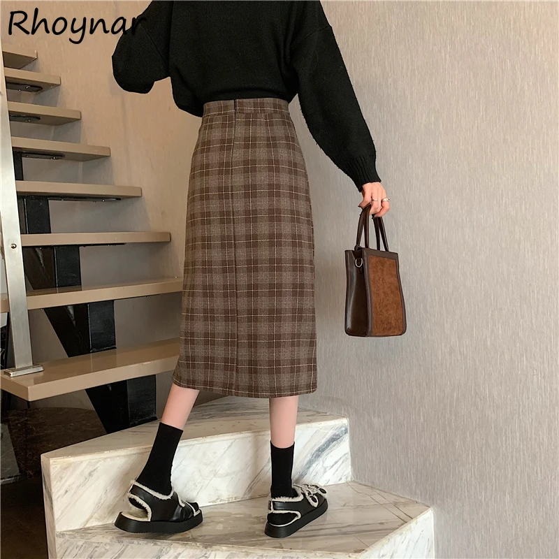 

Skirts Women Vintage Plaid Side-slit Design Sweet Girls College Minimalist Comfort Friends Daily New Arrival Classic Mujer Chic