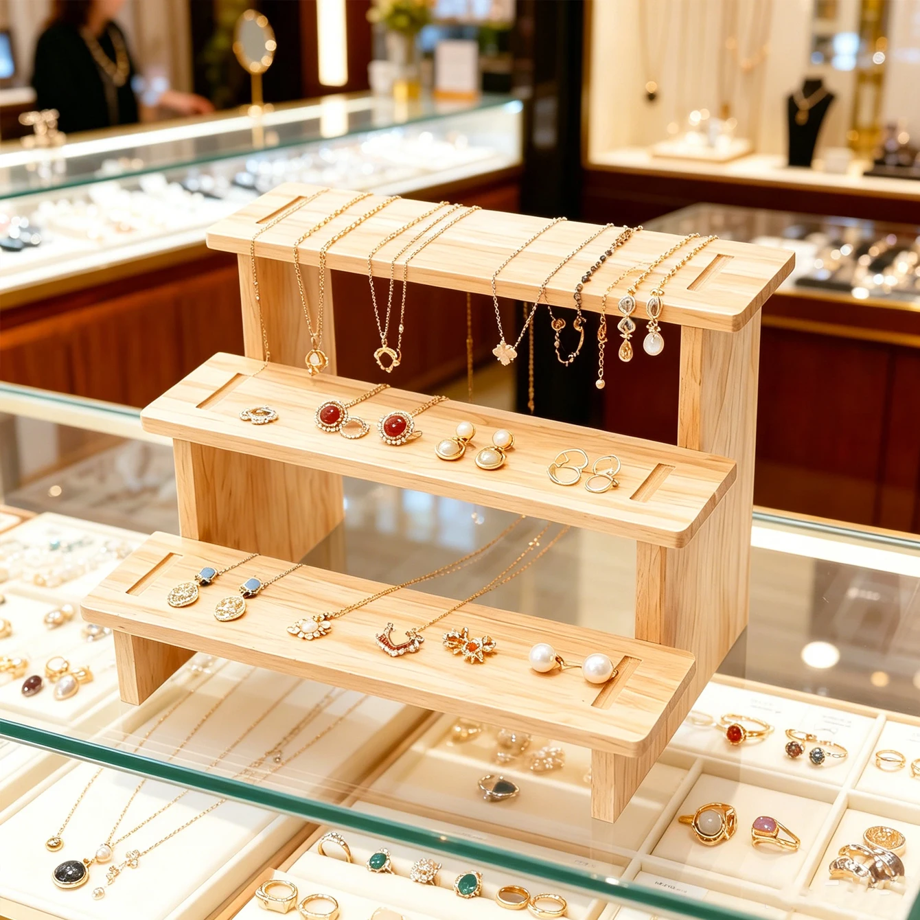 1pc 3-Layer/4-Layer Wood Ladder Type Jewelry Display Rack, Multi-Layer Necklace Ring Storage Rack, Desktop Jewelry Perfume Rack