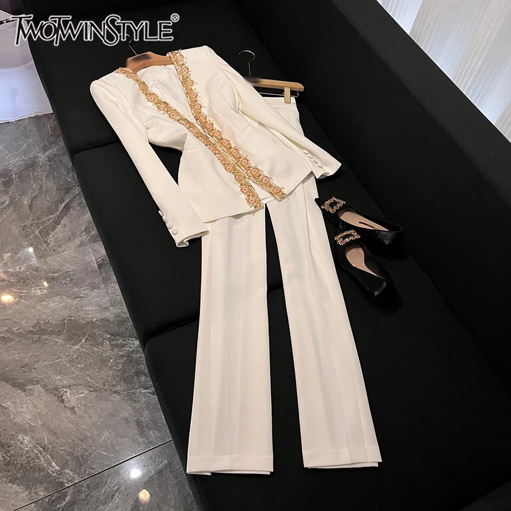 TWOTWINSTYLE Temperament Solid Twopiece Sets For Women V Neck Long Sleeve Top High Waist Pants Casual Set Female New KSE548414