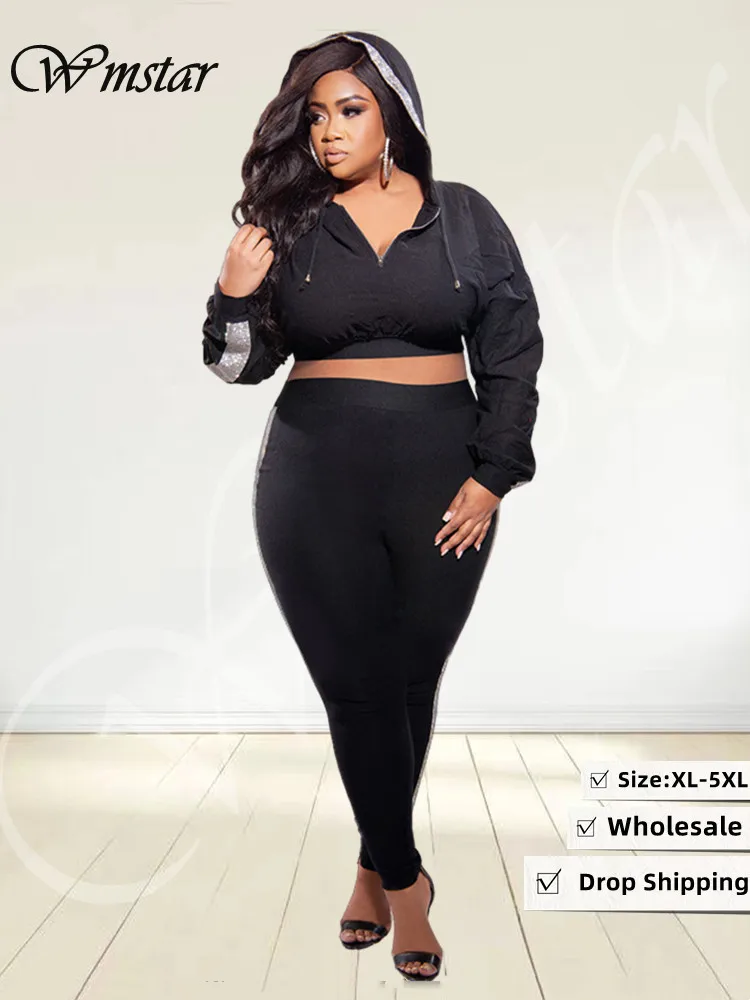 

Wmstar Plus Size Sets Women 2022 Fall Clothes Hoodies Tops and Pants Long Sleeve Zipper Striped Matching Wholesale Dropshipping