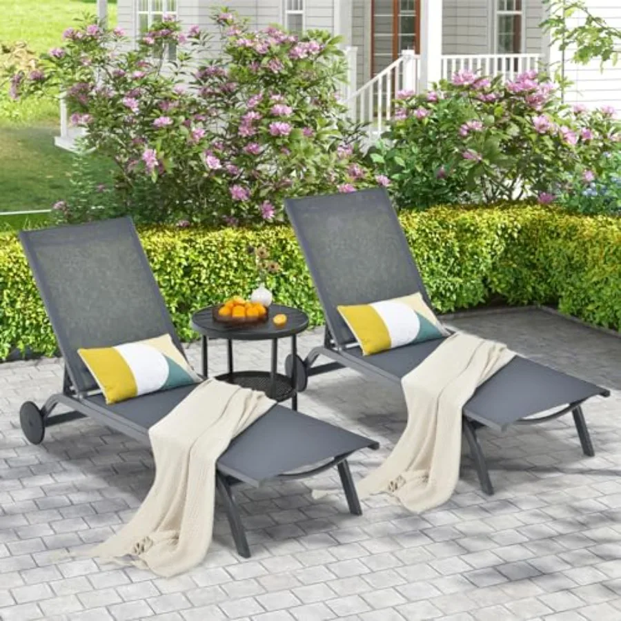 Outdoor Patio Chaise Lounge, 6-Position Adjustable Pool Lounger for backyard use, aluminum frame, beige color, rust-resistant a