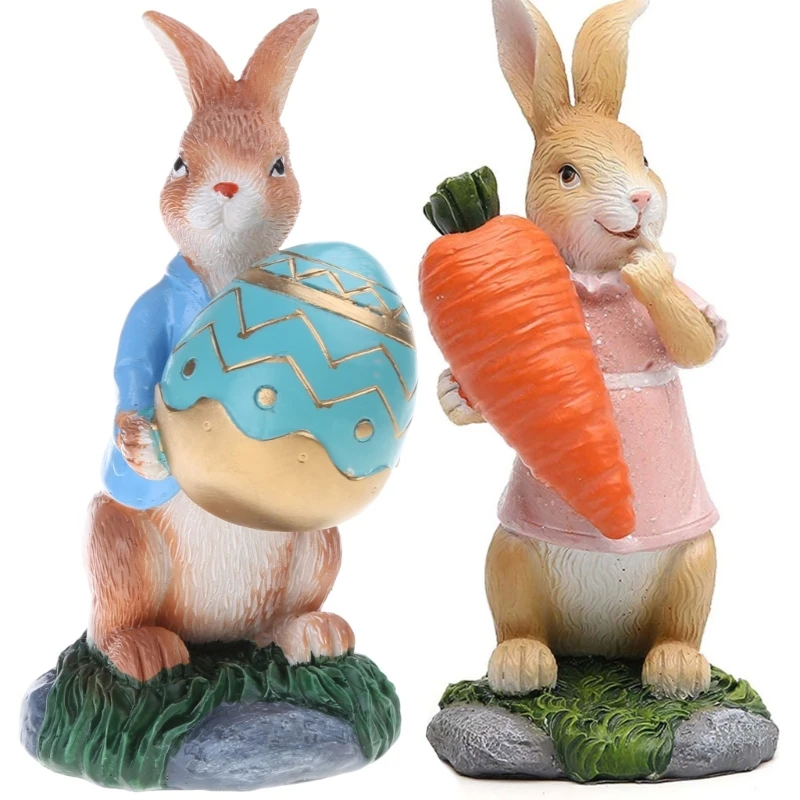 

Easter Bunny Figurine Holding Carrot/Egg Standing Resin Statue Art Ornament Drop shipping