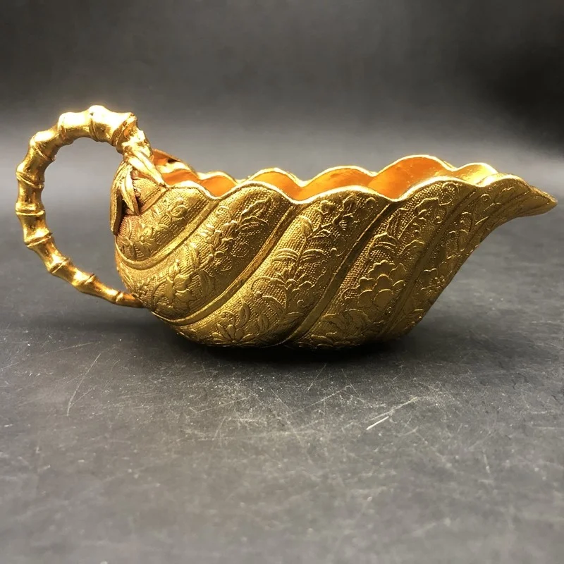 Tang Style Gilt Bronze Wine Cup Leaf-Shape Bamboo Handle Engraved Floral Pattern Chinese Copper Curio Home Decor Ornament
