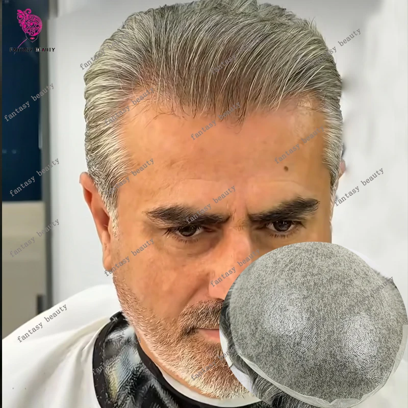 

White Grey 1b80 210# #1b65 Natural Hairline 0.02mm Super Thin Skin Male Wig Brown Human Hair Full PU V-loop Mens Toupee Prosthes