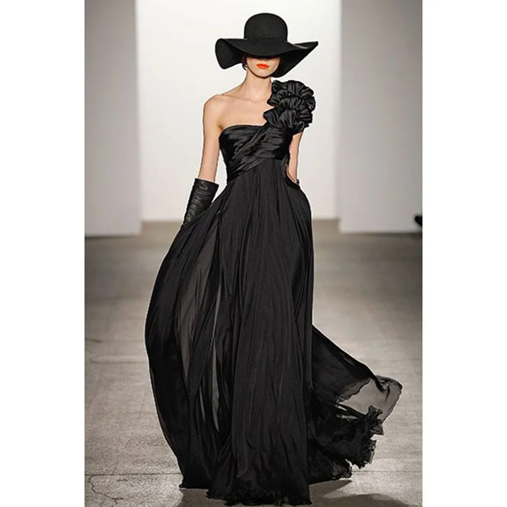 Classy Luxury Black Women Prom Dresses Strapless One Shoulder Sleeve Floor Length A-Line High Quality Formal Evening Party Gowns