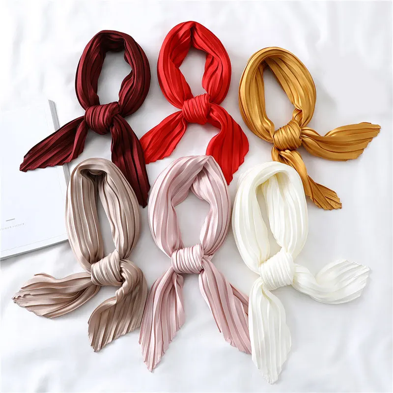 Various Colors Square Scarf Female Fashion Design Silk Pleated Neck Wear Scarf Temperament Pretty Crinkled Hair Scarf As gift