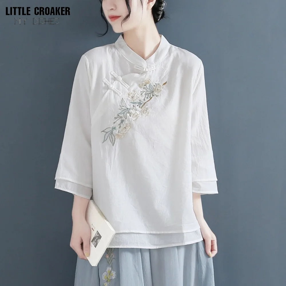 Autumn Double Layers Ladies Cotton Linen Shirt Blouse Chinese Traditional Women\'s Formal Tang Costume Pink Green White Hanfu Top