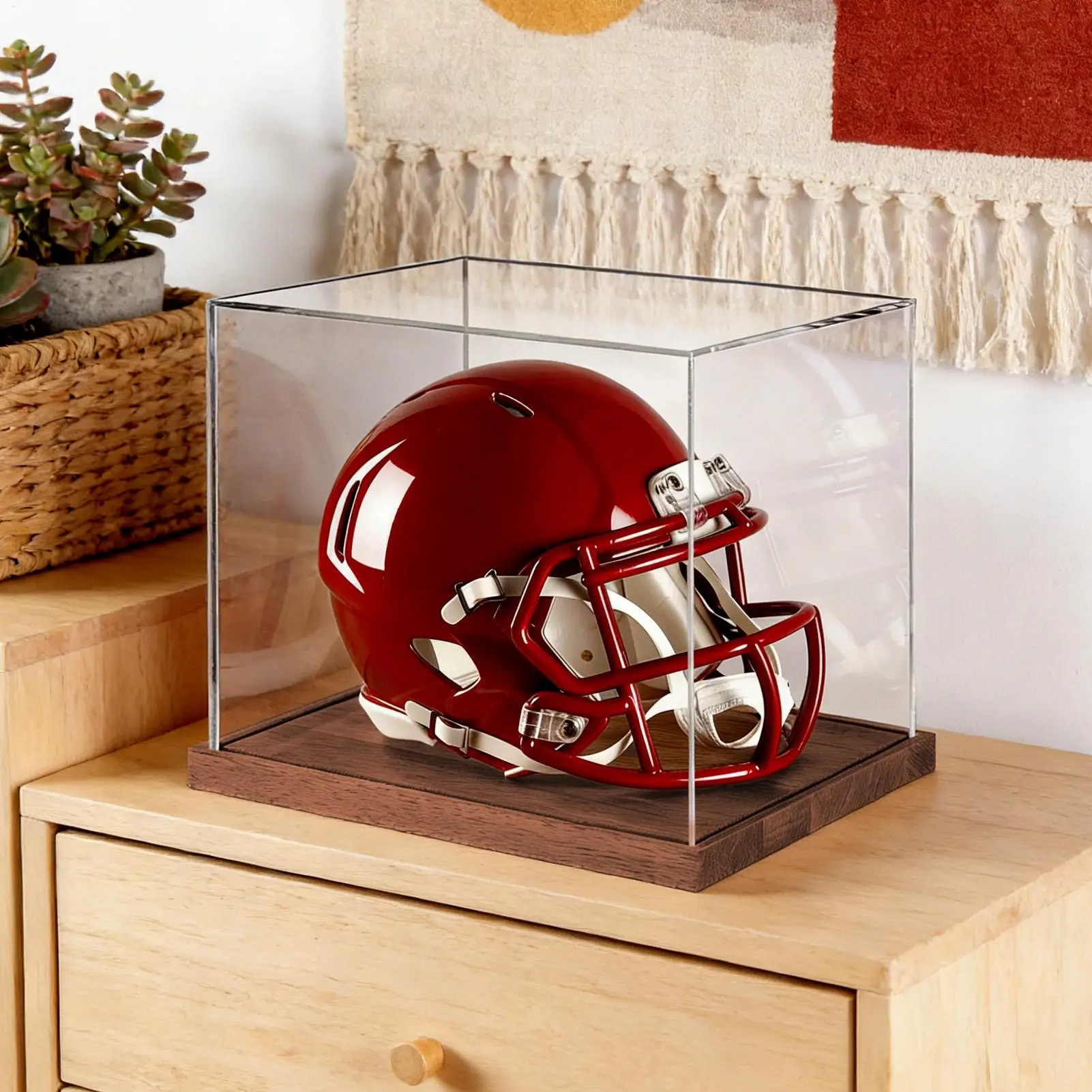 

Full Size Helmet Display Case Clear Box With Wooden Stand Full Size Football Helmet Display Case For Sports Collectibles