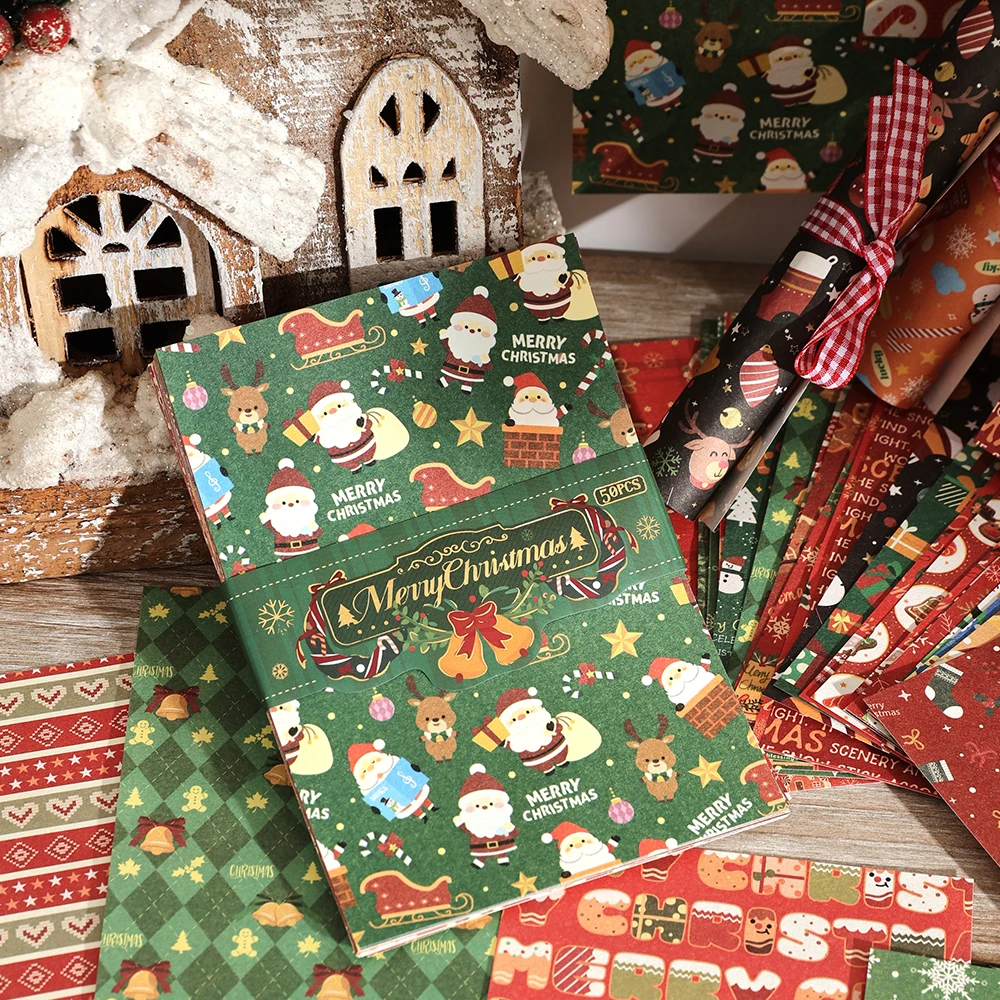 50 листов винтажной бумаги с рождественскими элементами, с различными узорами, материалы для украшения поздравительных открыток своими руками для скрапбукинга