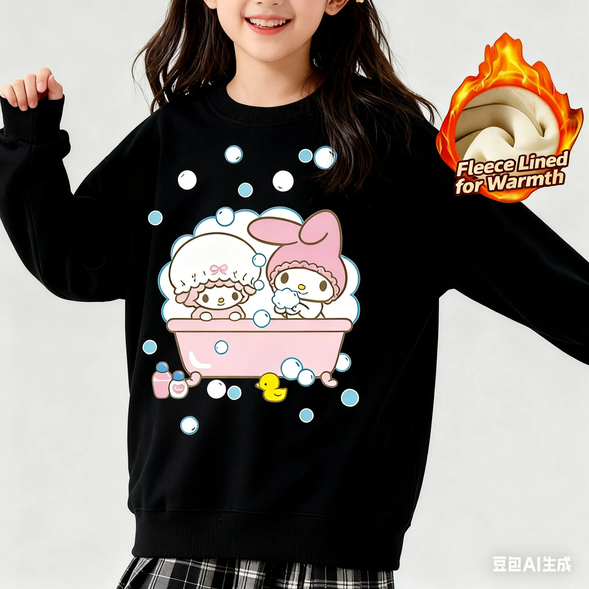 

Топ с длинными рукавами и круглым вырезом с принтом серии Sanrio, милая и теплая футболка с длинными рукавами и круглым вырезом на флисовой подкладке, 100% хлопок